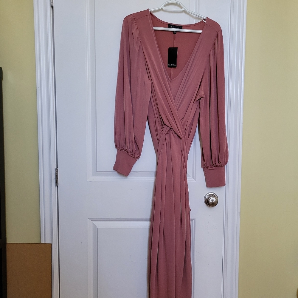 Eloquii dress long pink stretchy belt plus size 20 deep v neck long sleeves maxi